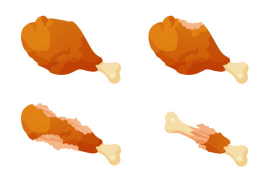 Eaten chicken leg set, sequence game animation. Animated stages of eating whole fried drumstick with crispy skin, motion steps of bitten thigh to bone with small pieces cartoon vector illustration