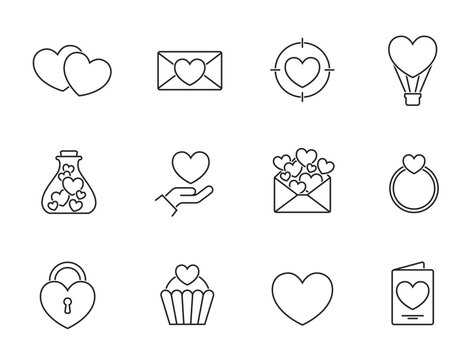 valentine line icon set. heart, love and romantic symbols. illustrations for valentines day design