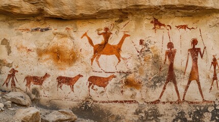 Prehistoric rock painting on ancient cave wall by caveman.