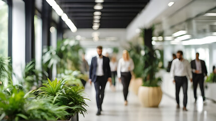 Bright business workplace with people in walking in blurred motion in modern office space. of green plants of deep forest style. Business people working in a luxurious office space is busy.
