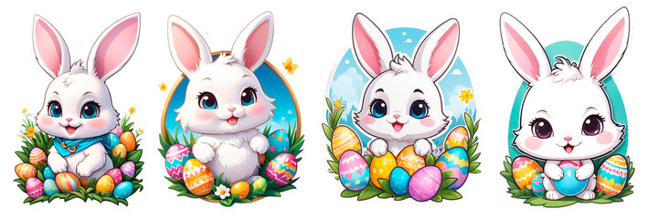 Easter stickers set - Easter bunny illustration, on transparent background, cute fluffy, Easter eggs, stunning full color, high quality, cute stickers, cartoon style, white frame, colorful