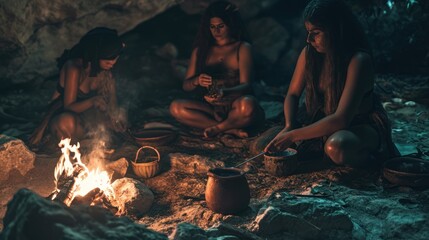 cavewoman working in cave preparing food with bonfire. Photorealistic. - obrazy, fototapety, plakaty