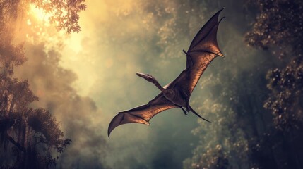 Flying dinosaur, Pterodactyl, flying high in sky in prehistoric environment. Photorealistic.
