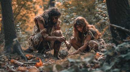 Cavewoman in field collecting food in prehistoric jungle. Photorealistic. - obrazy, fototapety, plakaty