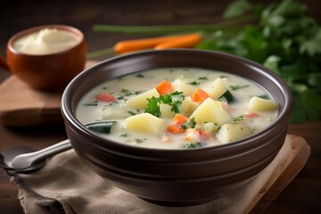 White potato soup bowl tasty creamy. Vegetarian diet cuisine meal recipe. Generate Ai - obrazy, fototapety, plakaty