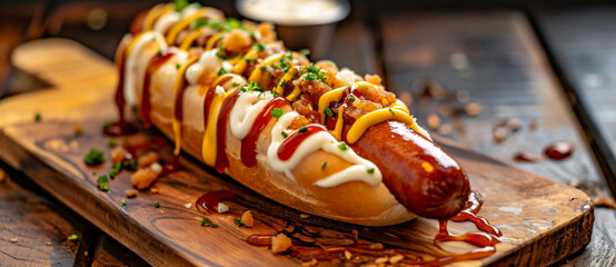 Gourmet journey in a bite: a loaded hot dog drizzled with sauces and toppings, ready to delight on a rustic wooden board