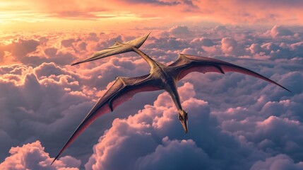 Flying dinosaur, Pterodactyl, flying high in sky at sunrise. Photorealistic.