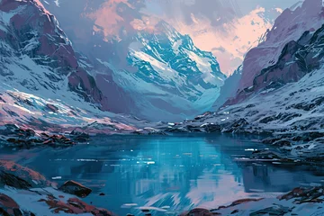 Foto auf Acrylglas panorama of beautiful glacier mountains covered with snow with a lake © DailyLifeImages