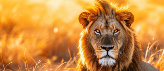 Majestic gaze at dusk: The king of beasts surveys his realm, his mane aglow with the last fiery...