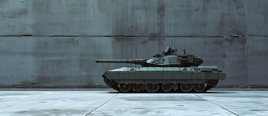 Steel sentinel at rest: A modern tank stands solitary against a stark concrete backdrop, a symbol of military might and defense