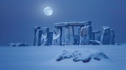 Famous Stonehenge ancient mystery site at night with moon in winter in England UK.