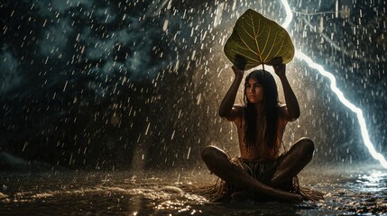 A helpless cavewoman in heavy rain with lightning bolt in prehistoric jungle.
