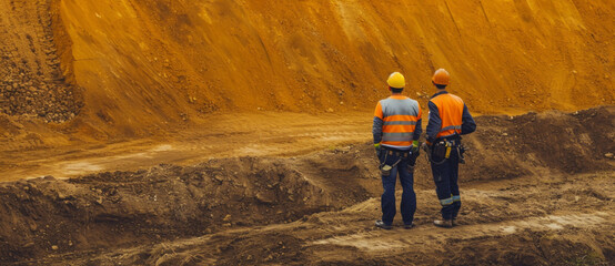 Fototapeta premium Overseeing the earthwork: Construction professionals in safety gear evaluate the expansive excavation site before them