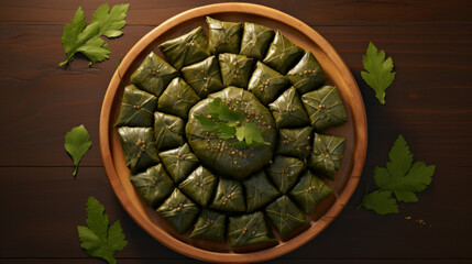 A platter of stuffed grape leaves, a popular dish in many Middle Eastern and Mediterranean countries during Ramadan