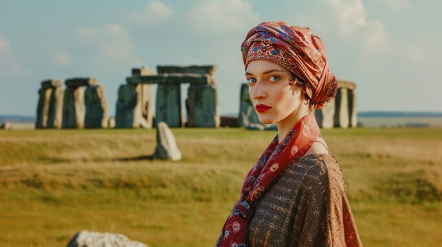 Vintage portrait photo of people at famous Stonehenge ancient mystery site in England UK.