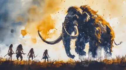 Hunting scene of a team of primitive cavemen attacking a giant mammoth in wild field. - obrazy, fototapety, plakaty
