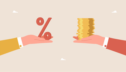 Investment attractiveness of projects, obtaining high interest from deposits, increasing profits from an investment deposit or from securities, success in innovation, hands holding percent and coins.
