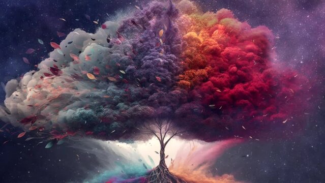 Magic colorful tree with smoke and dust particle. generative AI