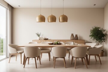 Interior home design of modern dining room with table, chairs and wooden furniture with beige stucco wall
