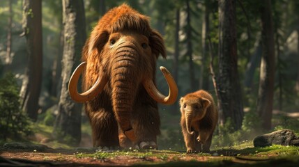 Vector illustration cartoon 3D rendering of a mammoth and its cub.