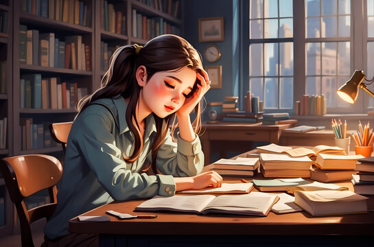 A diligent learner, a beautiful young girl is engrossed in books in search of knowledge and wisdom in a cozy and quiet library