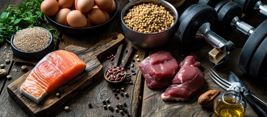 Various protein options displayed on a wooden surface with utensils and gym equipment.