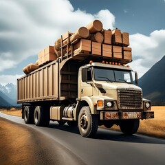 Cargo truck driving through landscape at sunset