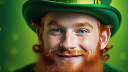 portrait of a happy leprechaun in a green hat with red hair, st. patrick's day, leprechaun, happy young man in a green hat