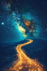 Surrounded by a starry sky, Bright stars, In the universe, A golden road in the starry sky, The road from top to bottom, Oriental aesthetics, Chinese traditional art, negative space, satellite image.