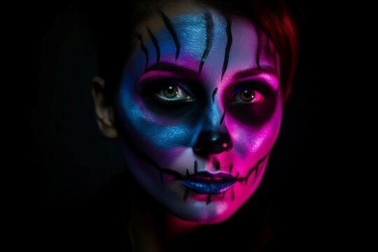 Woman scary night makeup colorful neon. Creepy house horror female holiday. Generate Ai
