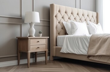Wooden bedside drawer. Fashion design house vintage room furniture. Generate Ai