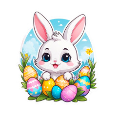 sticker - Easter bunny illustration, on transparent background, cute fluffy, easter eggs, stunning full color, high quality, cute stickers, cartoon style, white frame, colorful