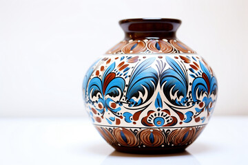 Close up cute ceramic pottery vase with colorful blue brown painting in traditional bulgarian style, decoration, souvenir. Pottery, earthenware, classic hand crafted activity. White background - obrazy, fototapety, plakaty