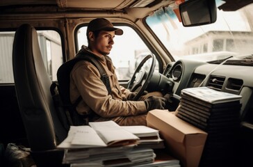 Fototapeta premium Worker sitting car. Serious and thoughtful person with special costume. Generate AI