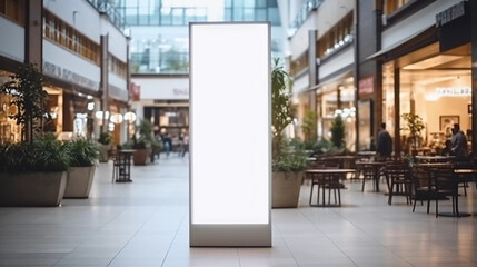 Roll up mockup poster stand in an shopping center or mall environment as wide banner design with blank empty copy space area - obrazy, fototapety, plakaty