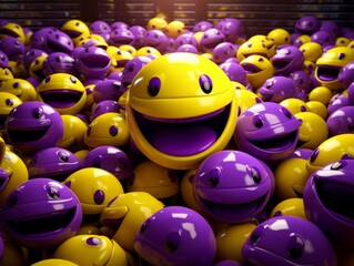 Room full of emoticon smiley in yellow and vibrant purple colors. Positive afirmation