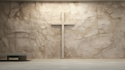cross on the granite wall brown wall with small bench in the side christianity background