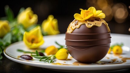 Obraz na płótnie Canvas Delicious Easter egg from a pastry stuffed with chocolate and caramel, and decorated with showy yellow flowers, mouth-watering presentation, elegant table setting. Generated by AI