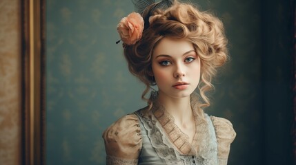 Woman dressed in Victorian style, photo has a classic feel. The woman's dress is like from history, and the photo feels gentle.