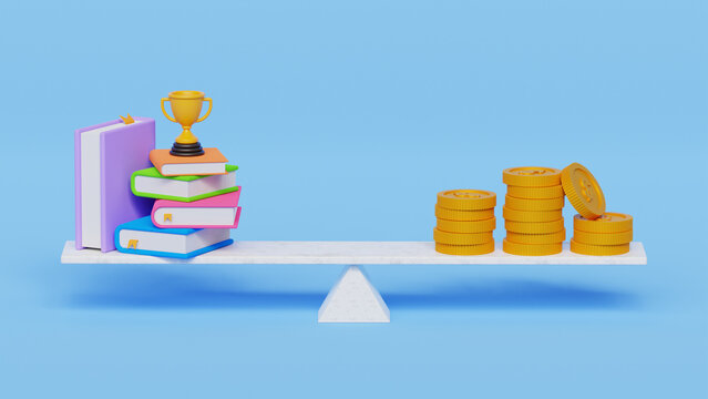 3D investing in education concept. High-cost education or saving money for education. Stack of books with trophy and dollar coins on balance scale. 3d illustration