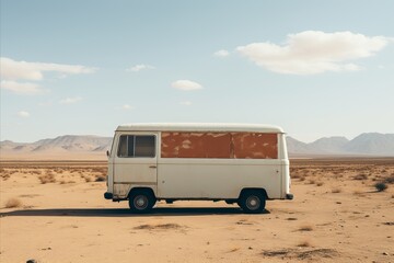 atmospheric bus in the desert, copy space white mockup template