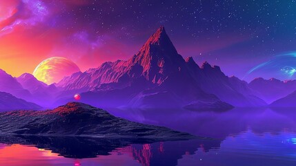 purple mountain landscape with a blue sky, in the style of digital fantasy landscapes, the stars art group, 32k uhd, magenta and amber, calm waters, romantic landscapes, colorful landscapes.