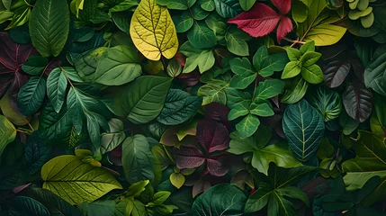 Foto op Plexiglas Foliage background with a variety of vibrant plant leaves showing a diverse ecosystem and the biodiversity of nature. © john