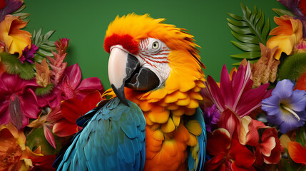 Colorful Macaw Parrot Amongst Exotic Flowers