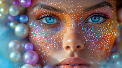 Captivating image a close up woman's face decorated with precious stones and pearls.  Surrealistic artwork. The intricate details, and utilize soft lighting. The magical and dreamlike ambiance. - obrazy, fototapety, plakaty
