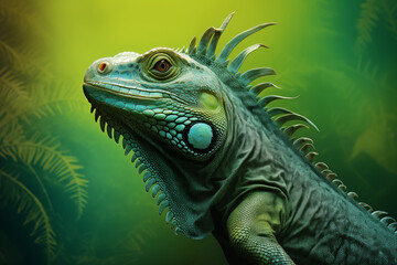 Fototapeta premium Detailed Portrait of a Green Iguana with Tropical Background