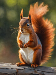 A cute brown squirrel with a bushy tail is perched on a tree branch, enjoying a nut in a lush forest setting