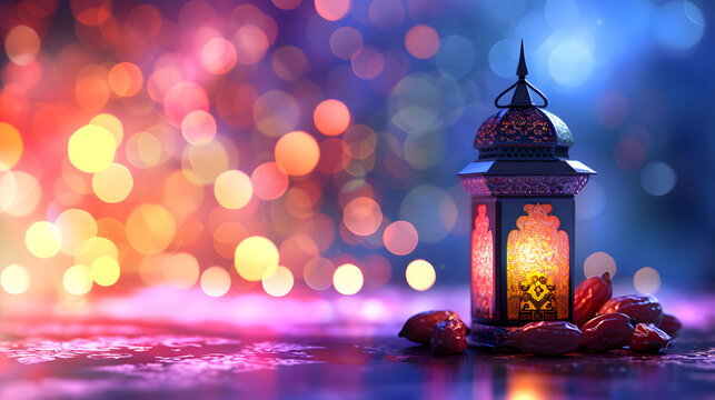 Ornamental Arabic lantern and dates fruit with glowing background and golden glittering bokeh lights