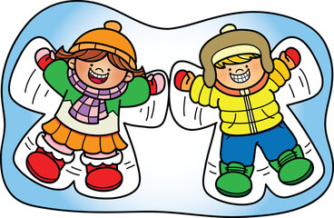 Boy and Girl playing snow angel in the winter clip art