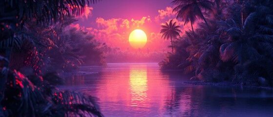Sunset Over A Tropical River. Illustration On The Theme Of Nature And Landscapes.   Generative AI